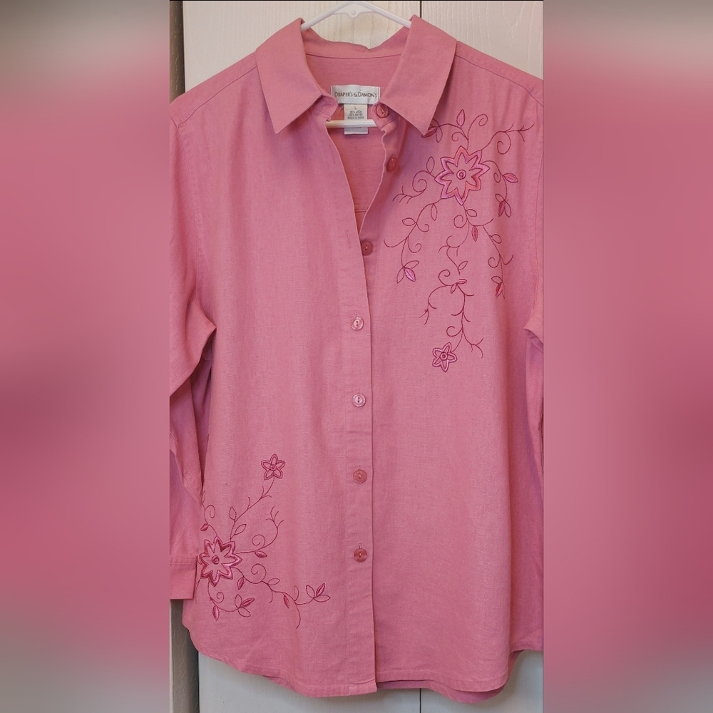 Draper's & Damon Pink Linen Button Up Top Size Large Blouse Embroidered Top Boho - Picture 2 of 10